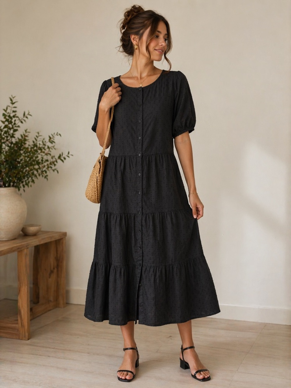 Black Swiss Dot Button Front Cottagecore Puff Sleeve Tiered Size Medium